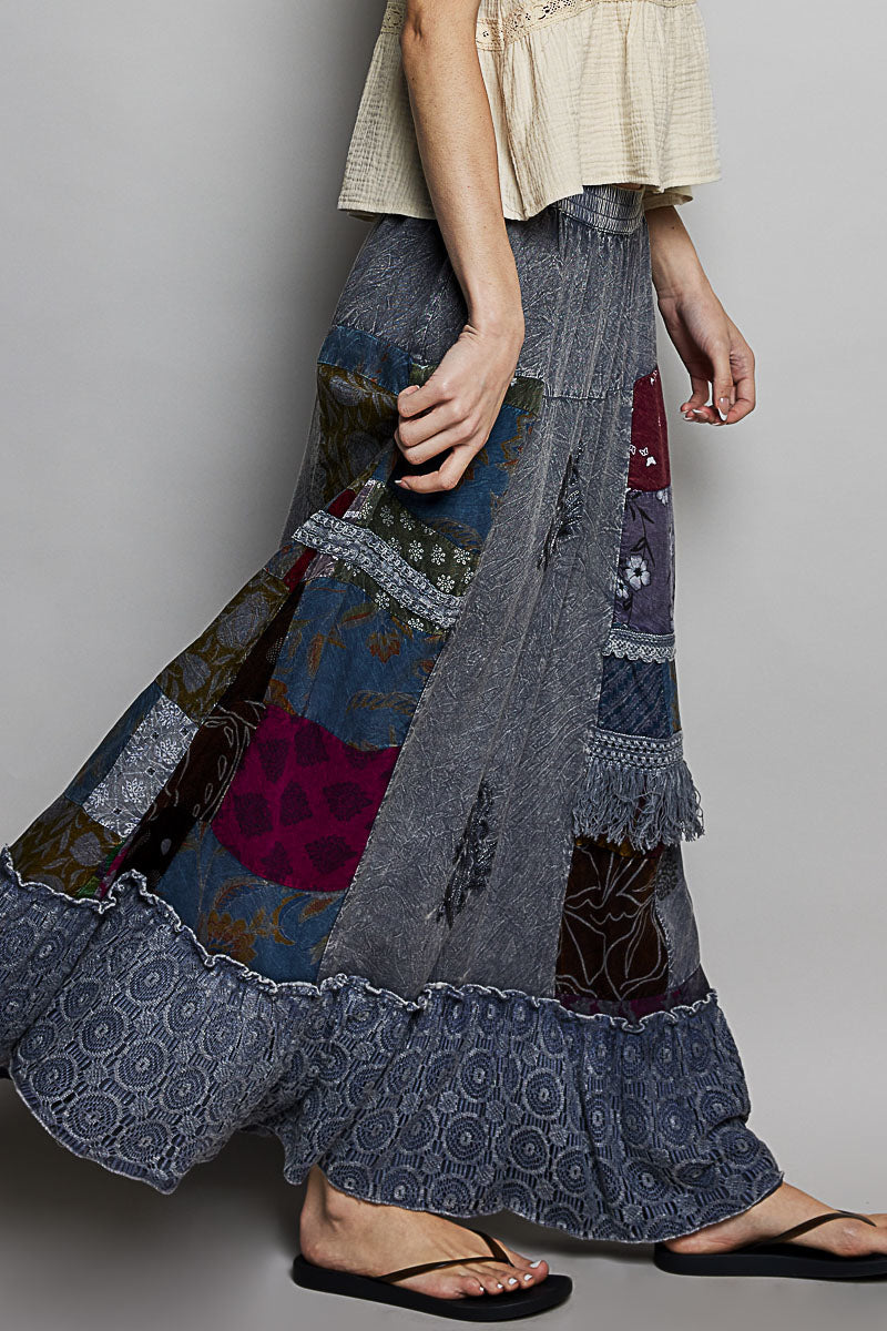 Charcoal multi-colored printed patchwork embroidered ruffled skirt from Trendsi, showcasing a stylish, layered design.