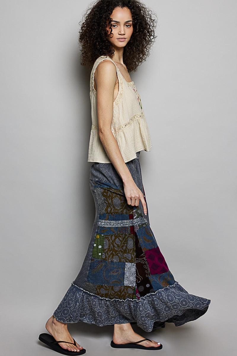 Charcoal multi-colored printed patchwork embroidered ruffled skirt by Trendsi, featuring floral embroidery and layered ruffle details.