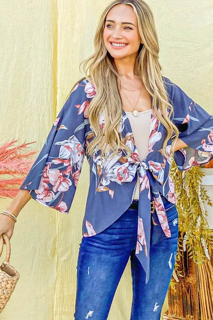 Charcoal floral print top with front tie knot from Trendsi, featuring a stylish and casual design perfect for everyday wear.