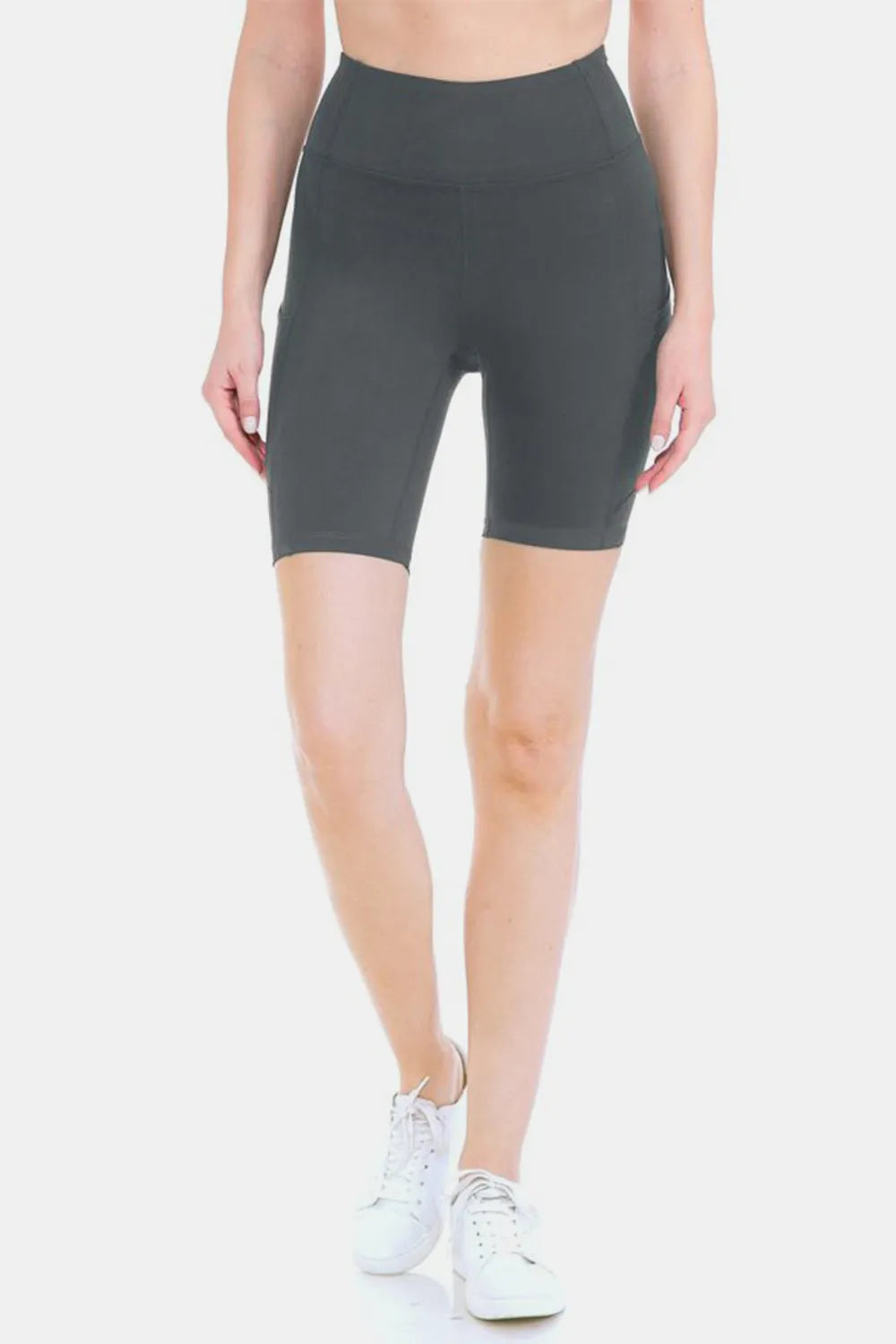 Charcoal high waist active shorts from Leggings Depot, full size, fitted for workout or casual wear, by Trendsi.