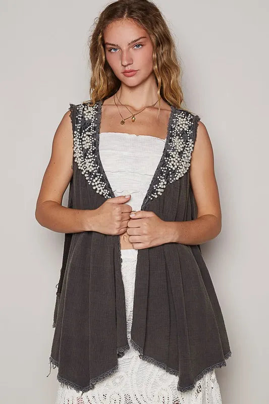 Charcoal POL embroidered pearls open front sleeveless cardigan by Trendsi, featuring intricate pearl embroidery and a stylish open design.