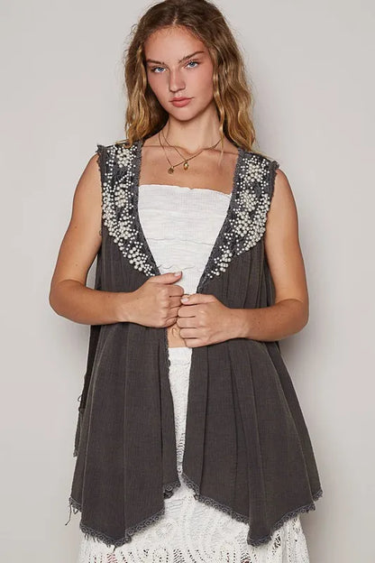 Charcoal POL embroidered pearls open front sleeveless cardigan by Trendsi, featuring intricate pearl embroidery and a stylish open design.