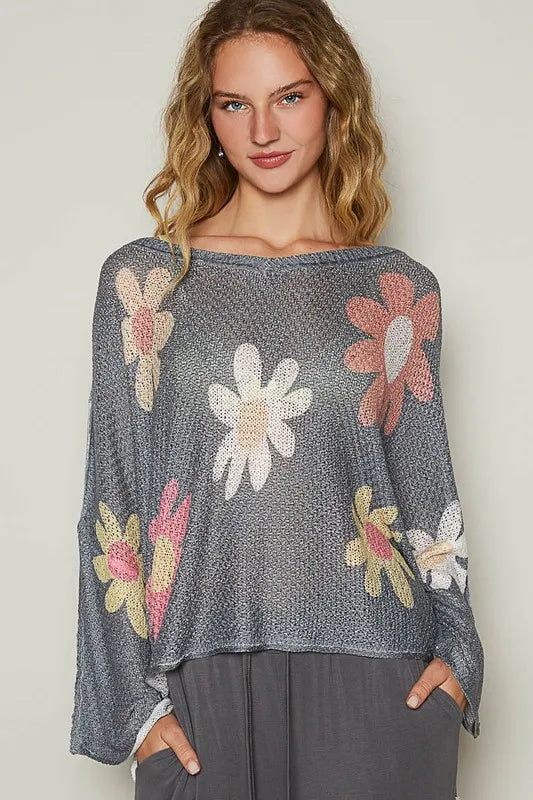 Charcoal POL Flower dropped shoulder long sleeve knit top by Trendsi, featuring a floral design and relaxed fit.