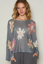 Charcoal POL Flower dropped shoulder long sleeve knit top by Trendsi, featuring a floral design and relaxed fit.