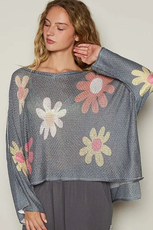 Charcoal POL Flower dropped shoulder long sleeve knit top by Trendsi, featuring a floral design and relaxed fit.