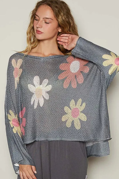Charcoal POL Flower dropped shoulder long sleeve knit top by Trendsi, featuring a floral design and relaxed fit.