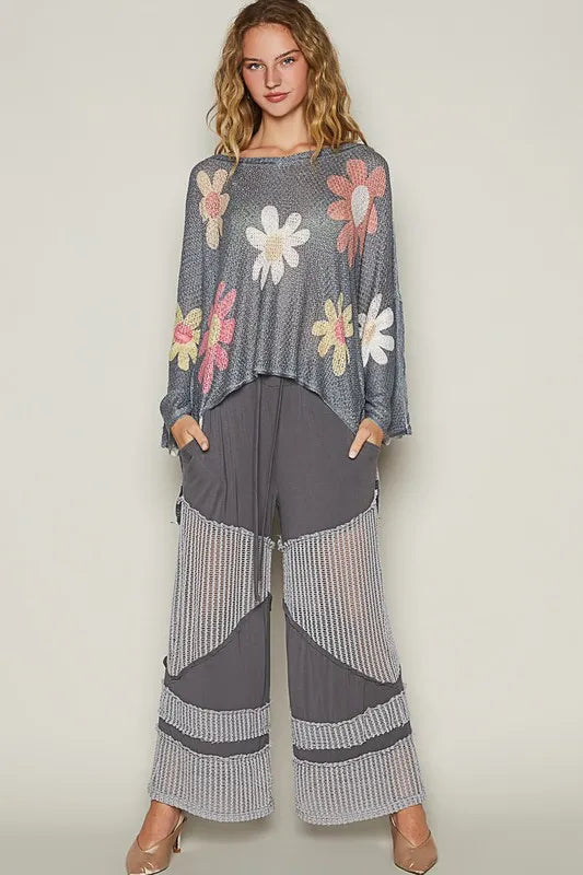 Charcoal POL Flower dropped shoulder long sleeve knit top by Trendsi, featuring a floral pattern and relaxed fit.