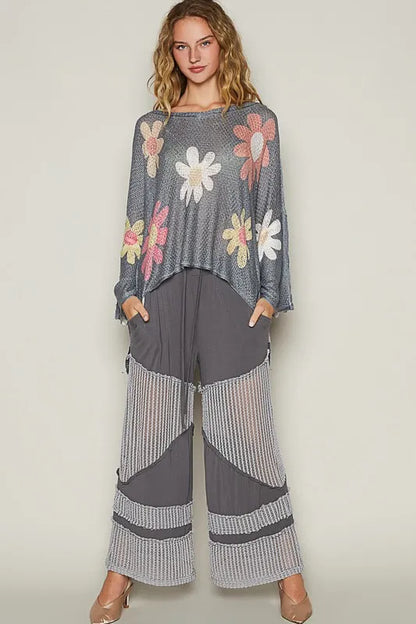 Charcoal POL Flower dropped shoulder long sleeve knit top by Trendsi, featuring a floral pattern and relaxed fit.