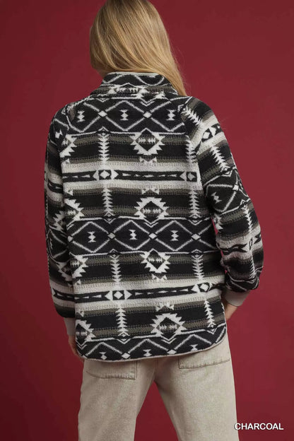 Charcoal Umgee Aztec print sherpa pullover with cozy, plush fabric and intricate pattern, perfect for casual winter wear.