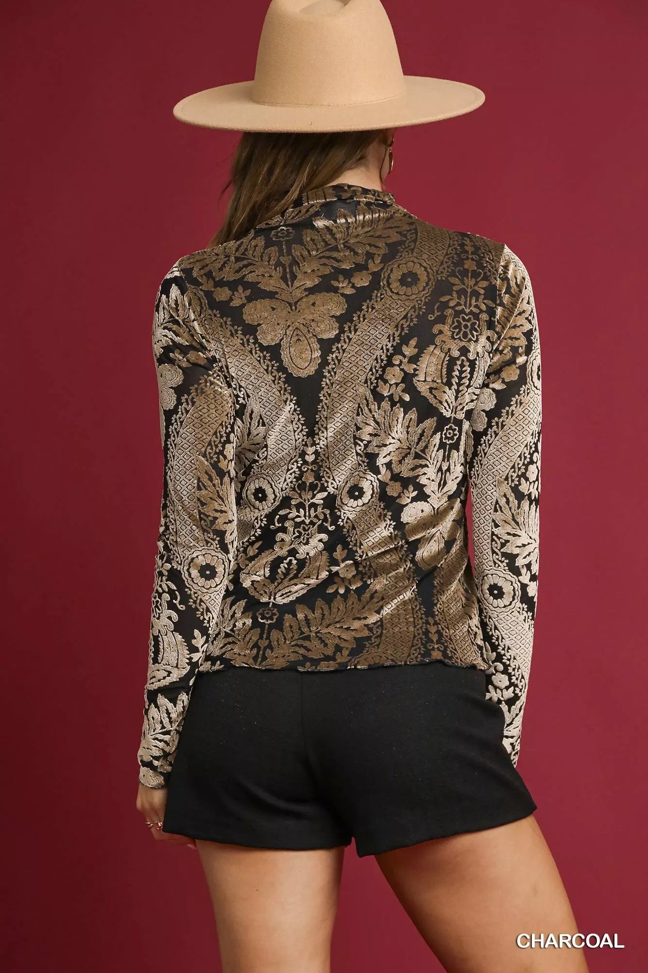 Charcoal Umgee Damask print velvet burnout top with long sleeves and relaxed fit, stylish and lightweight for casual wear.