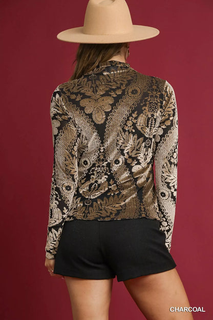 Charcoal Umgee Damask print velvet burnout top with long sleeves and relaxed fit, stylish and lightweight for casual wear.