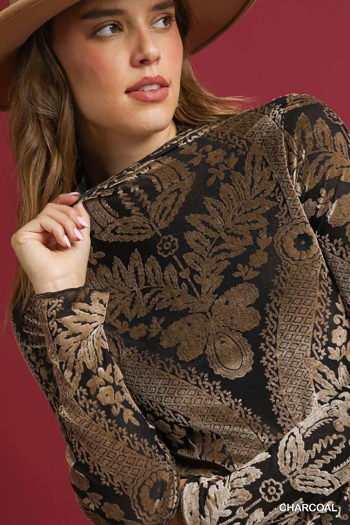 Charcoal Umgee damask print velvet burnout top with long sleeves and relaxed fit, stylish and comfortable women's blouse.