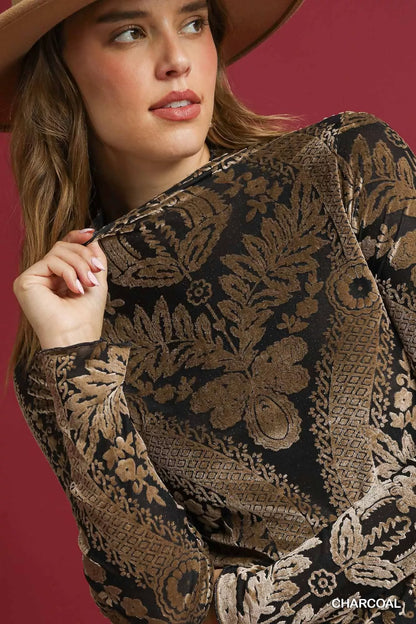 Charcoal Umgee damask print velvet burnout top with long sleeves and relaxed fit, stylish and comfortable women's blouse.