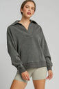 Charcoal Umgee Johnny collar dropped shoulder sweatshirt with relaxed fit and cozy fabric, casual style for comfortable everyday wear.