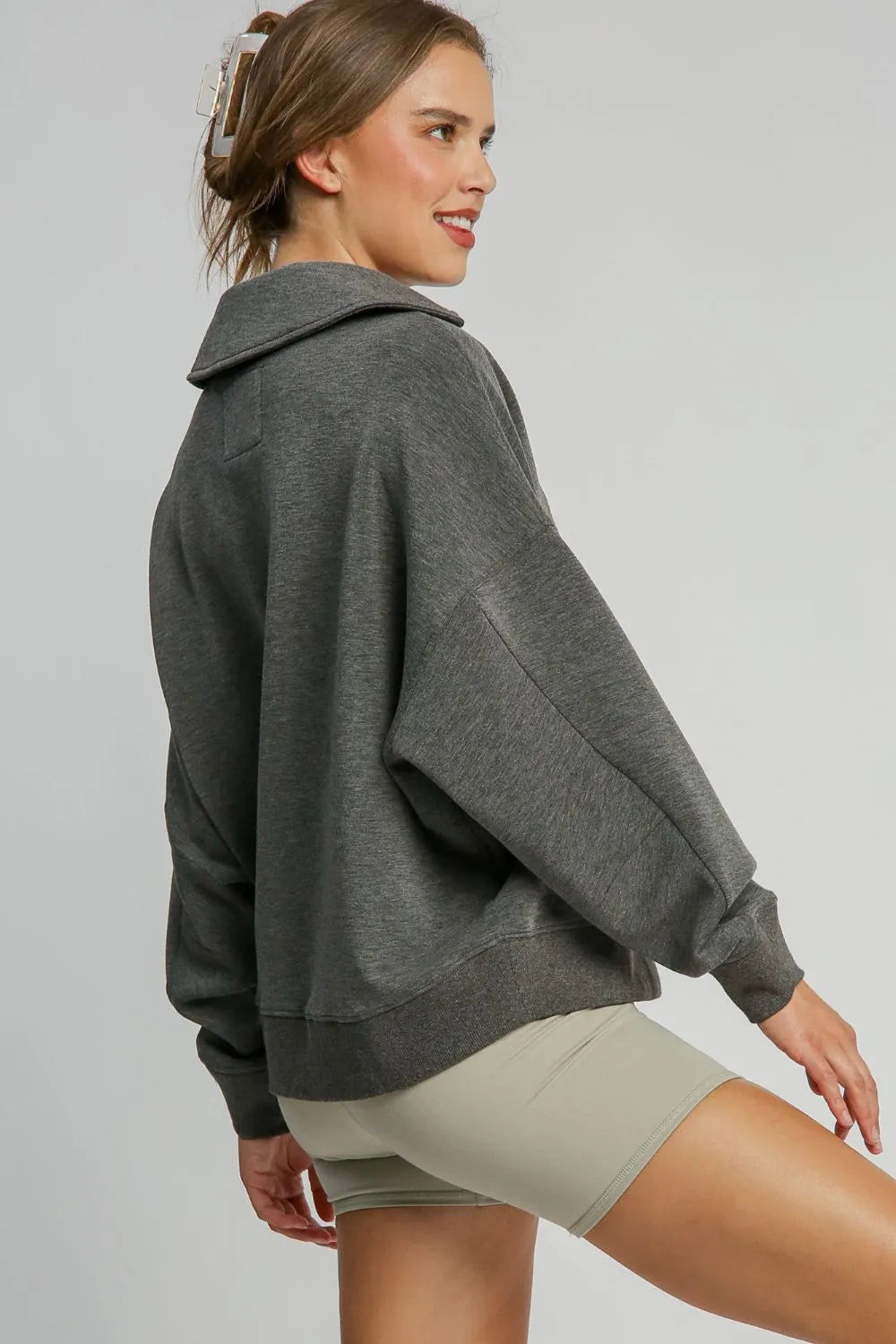 Charcoal Umgee Johnny collar dropped shoulder sweatshirt with relaxed fit and casual style, perfect for comfortable everyday wear.