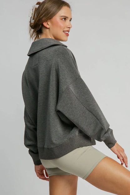 Charcoal Umgee Johnny collar dropped shoulder sweatshirt with relaxed fit and casual style, perfect for comfortable everyday wear.