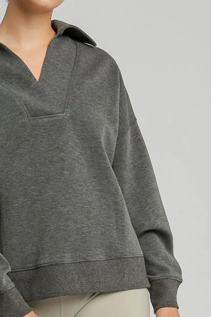 Charcoal gray Umgee Johnny collar dropped shoulder sweatshirt with relaxed fit and casual style, designed by Trendsi.