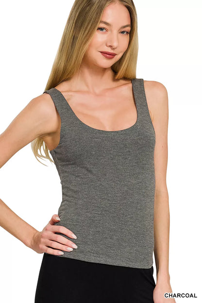 Charcoal Zenana double-layered double scoop tank top from Trendsi, featuring a stylish, layered design and comfortable fit.