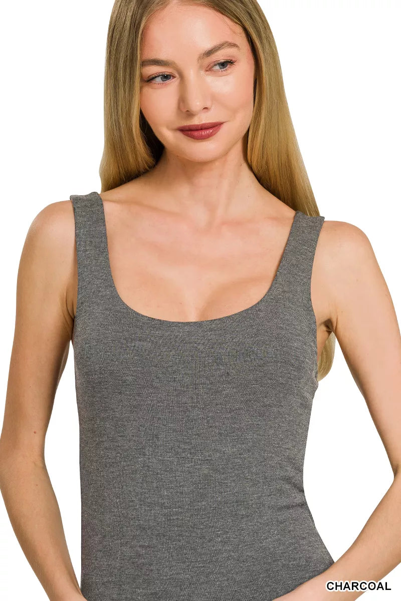 Charcoal Zenana double-layered double scoop tank top by Trendsi, featuring a stylish layered design and comfortable fit.