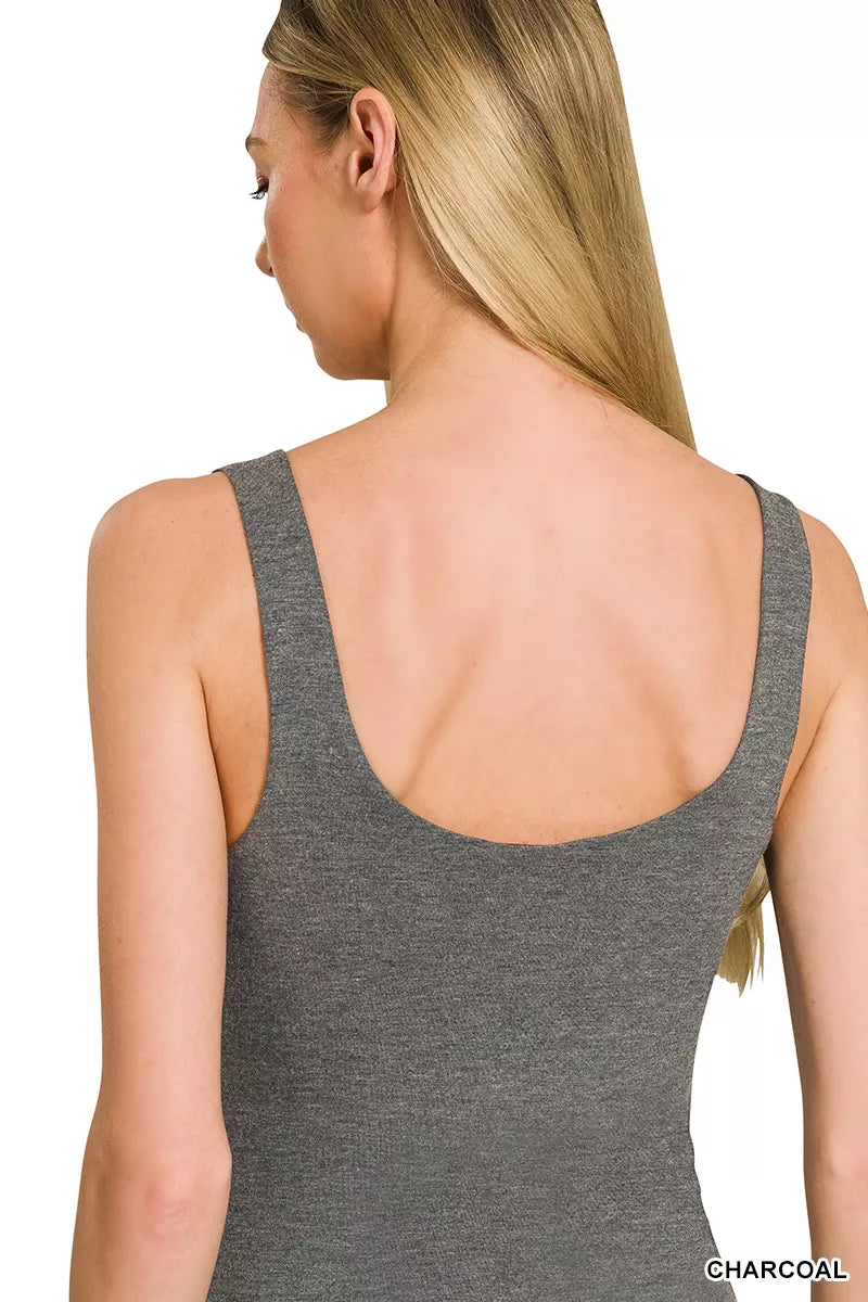 Charcoal Zenana double layered double scoop tank top by Trendsi, featuring a stylish sleeveless design and layered fabric.