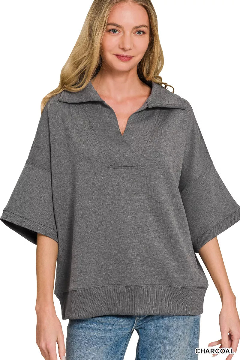 Charcoal Zenana scuba collared short sleeve pullover, lightweight knit top with a relaxed fit and short sleeves.