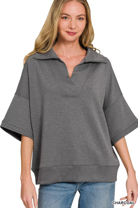 Charcoal Zenana scuba collared short sleeve pullover, lightweight knit top with a relaxed fit and short sleeves.