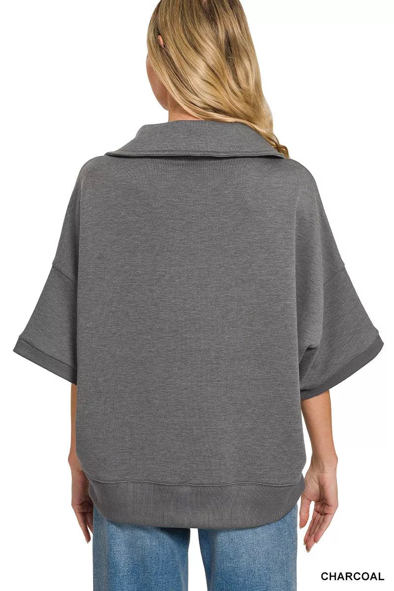Charcoal Zenana scuba collared short sleeve pullover by Trendsi, featuring a stylish collar and comfortable fit.