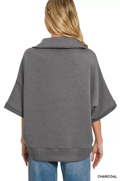 Charcoal Zenana scuba collared short sleeve pullover by Trendsi, featuring a stylish collar and comfortable fit.