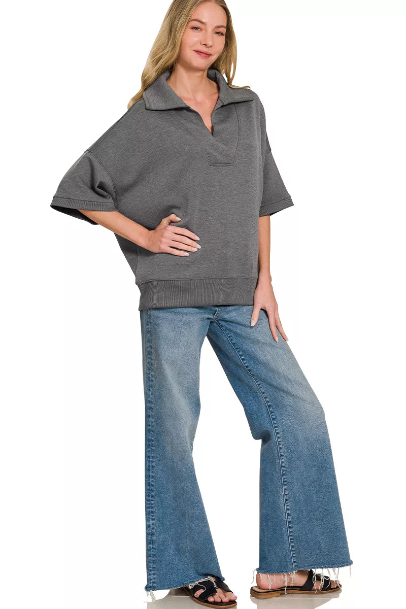 Charcoal Zenana scuba collared short sleeve pullover with a relaxed fit and breathable fabric, styled for casual wear.