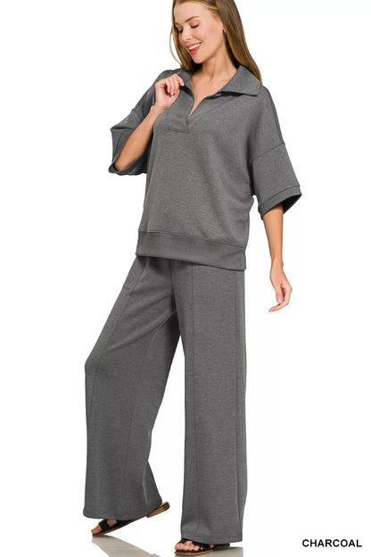Charcoal Zenana scuba collared short sleeve pullover and center seam pants set by Trendsi, styled for casual wear.
