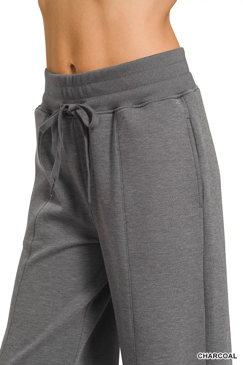Charcoal Zenana scuba collared short sleeve pullover with center seam pants set, casual and comfortable women's clothing by Trendsi.