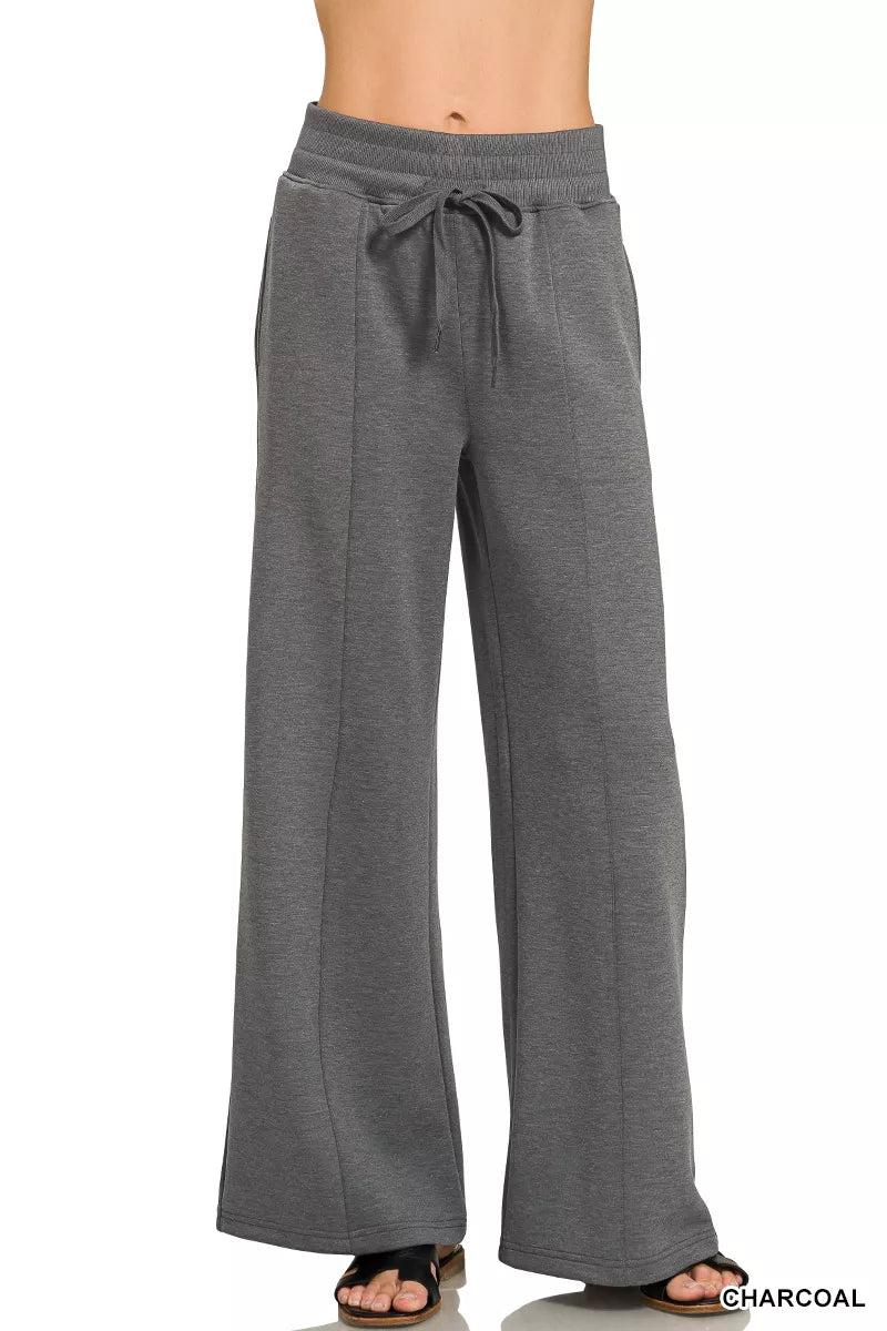 Charcoal Zenana scuba collared short sleeve pullover with center seam pants set, stylish and comfortable for casual wear.