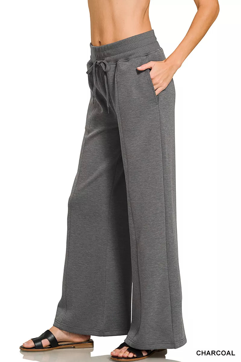 Charcoal Zenana scuba collared short sleeve pullover with matching center seam pants set by Trendsi, casual and stylish ensemble.