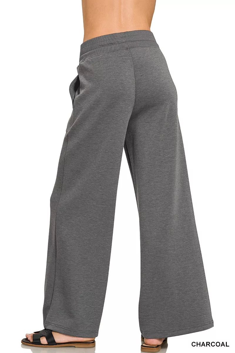 Charcoal Zenana scuba collared short sleeve pullover with matching center seam pants set, stylish and comfortable for casual wear.