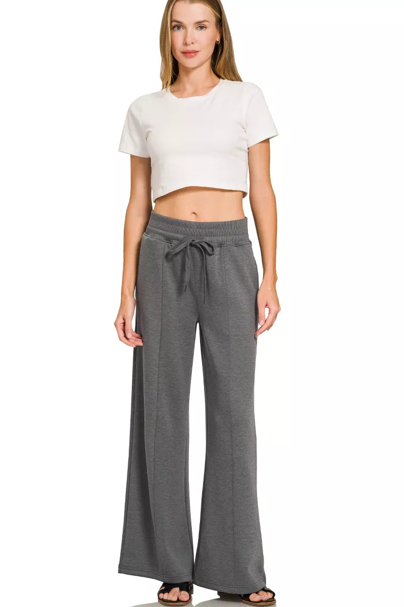 Charcoal Zenana scuba collared short sleeve pullover with center seam pants set, stylish and comfortable for casual wear.