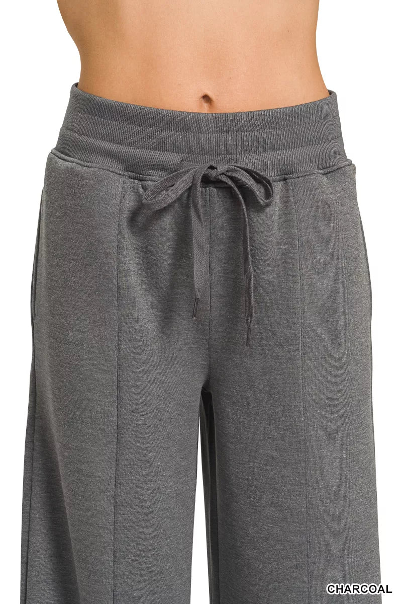 Charcoal Zenana scuba collared short sleeve pullover with center seam pants set, stylish and comfortable for casual wear.