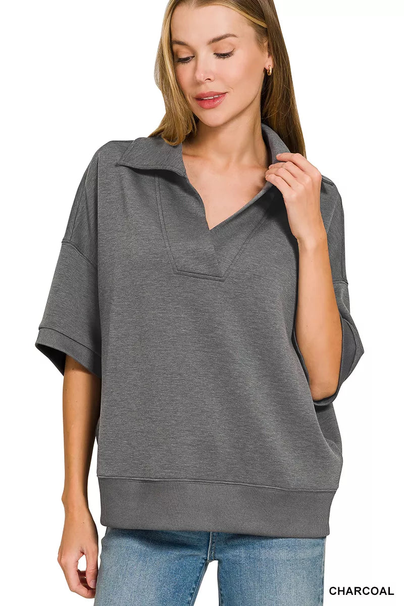 Charcoal Zenana scuba collared short sleeve pullover and center seam pants set, trendy and comfortable women's activewear.