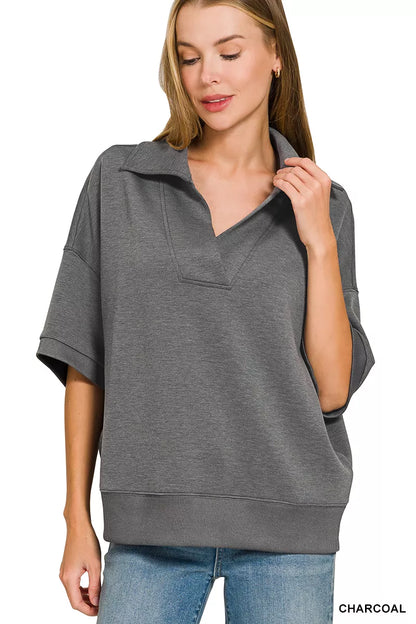 Charcoal Zenana scuba collared short sleeve pullover and center seam pants set, trendy and comfortable women's activewear.
