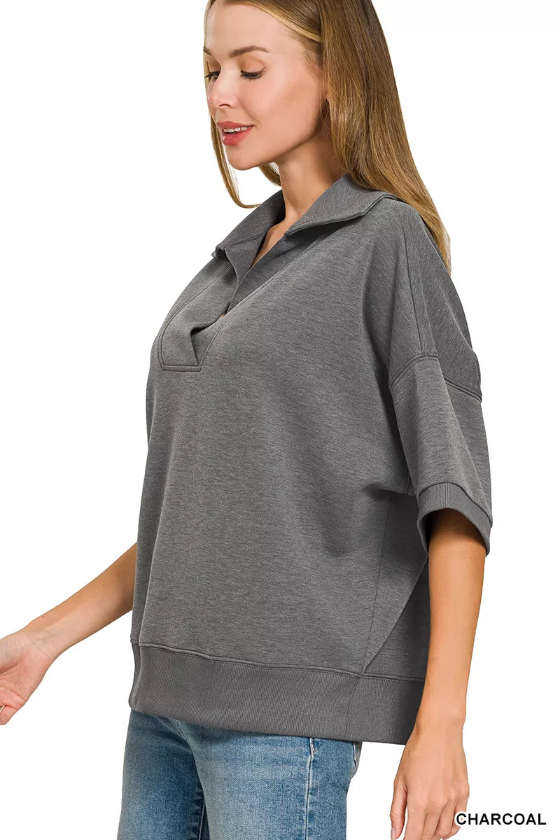 Charcoal Zenana scuba collared short sleeve pullover and center seam pants set by Trendsi, styled for casual comfort.