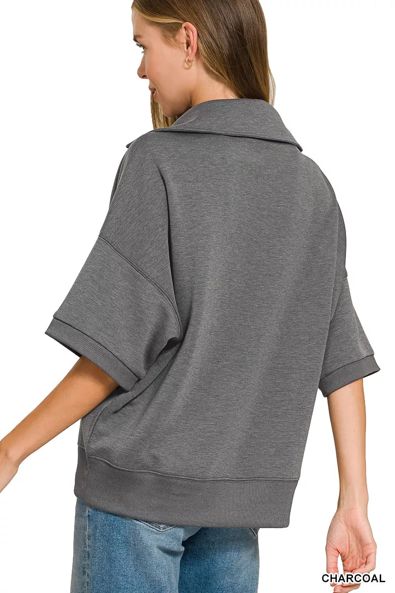Charcoal Zenana scuba collared short sleeve pullover with matching center seam pants set, trendy and comfortable for casual wear.
