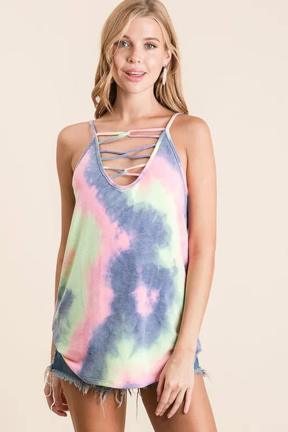 Charcoal tie-dye Terry camisole by Trendsi featuring a caged neckline and relaxed fit.