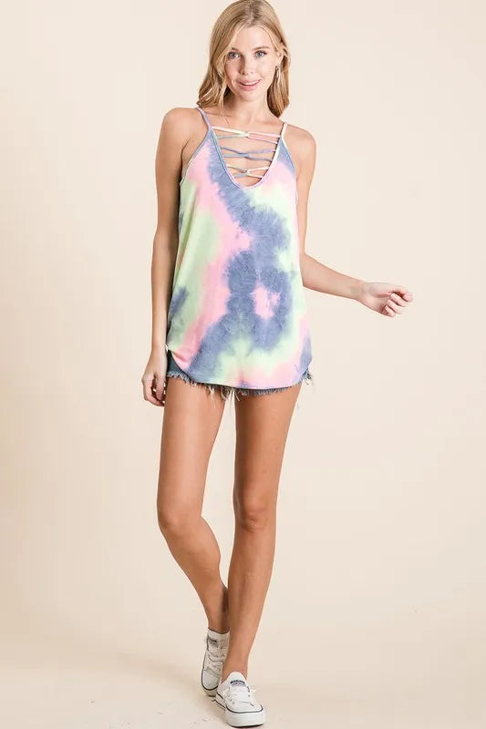 Charcoal tie-dye BiBi terry camisole with caged neckline, trendy sleeveless top with casual, stylish design.
