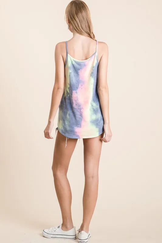 Charcoal tie-dye BiBi terry camisole with caged neckline, trendy and comfortable for casual wear.