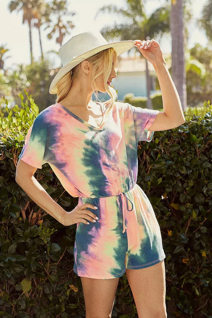 Charcoal tie-dye French Terry V-neck romper with side pocket, drawstring, and a hole detail, designed by Trendsi.