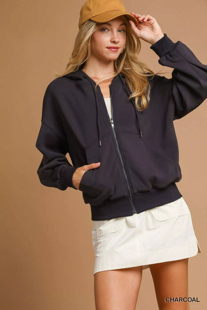 Charcoal Umgee zip-up fleece hooded jacket with front pockets, tailored for a cozy, casual look.