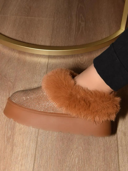 Wild Diva embellished faux fur platform booties in chestnut with decorative details and chunky soles, stylish and trendy footwear.