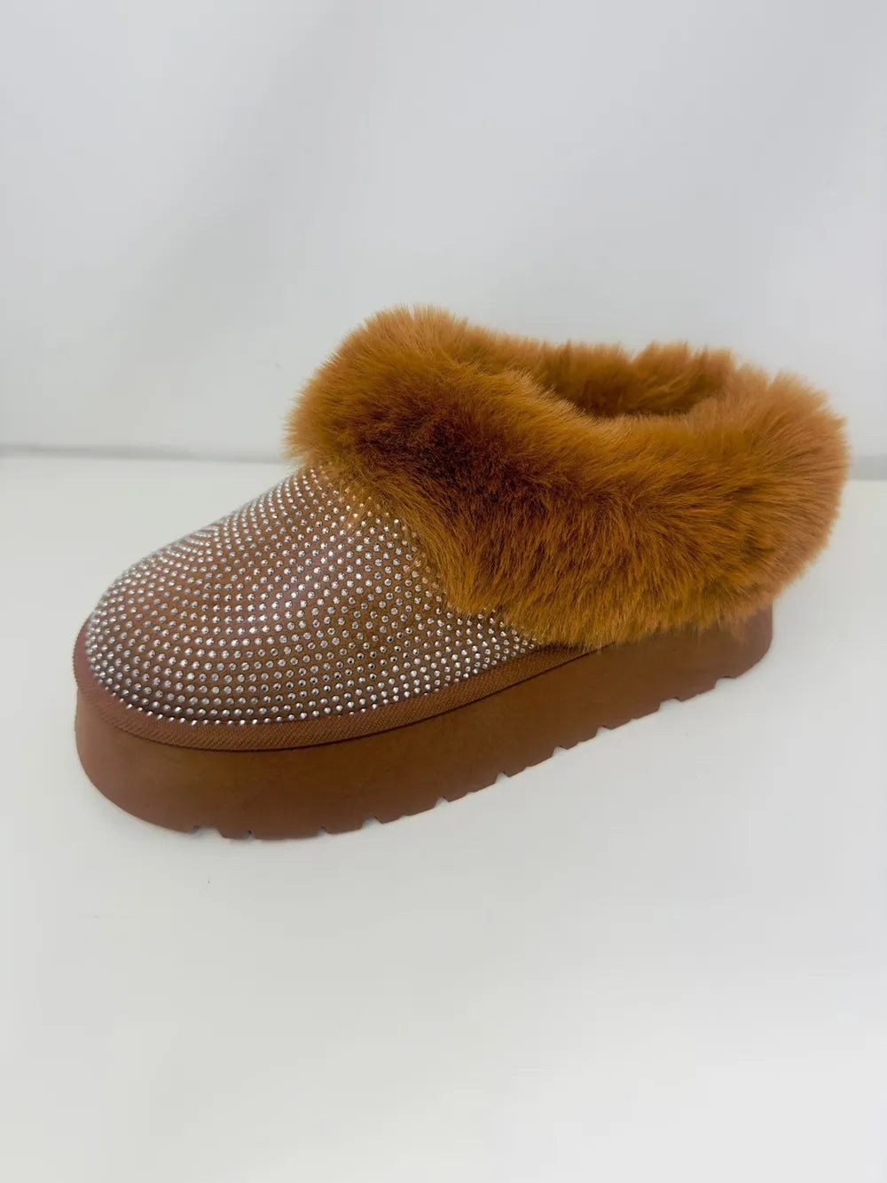 Wild Diva embellished faux fur platform booties in chestnut brown with decorative details and chunky heel.