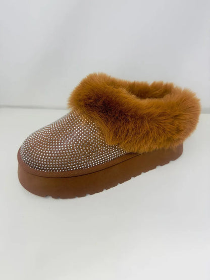 Wild Diva embellished faux fur platform booties in chestnut brown with decorative details and chunky heel.