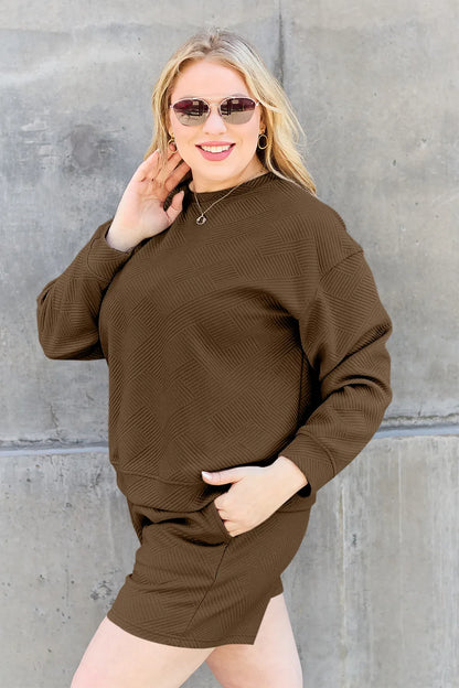Trendsi double take full-size textured long sleeve top and drawstring shorts set, chestnut color, casual loungewear ensemble.