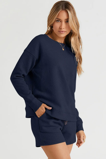 Trendsi Double Take full-size textured long sleeve top and drawstring shorts set, chestnut color, casual loungewear ensemble.
